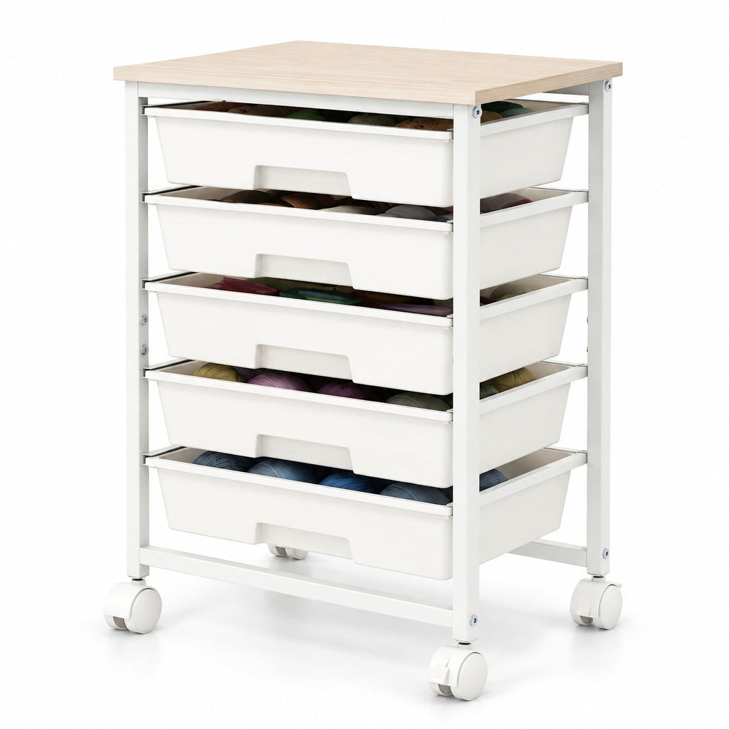 Airfind 5-Drawer Rolling Cart with Wooden Tabletop and Metal for Craft Room, 33 lbs Capacity, Metal PP Engineered Wood, White