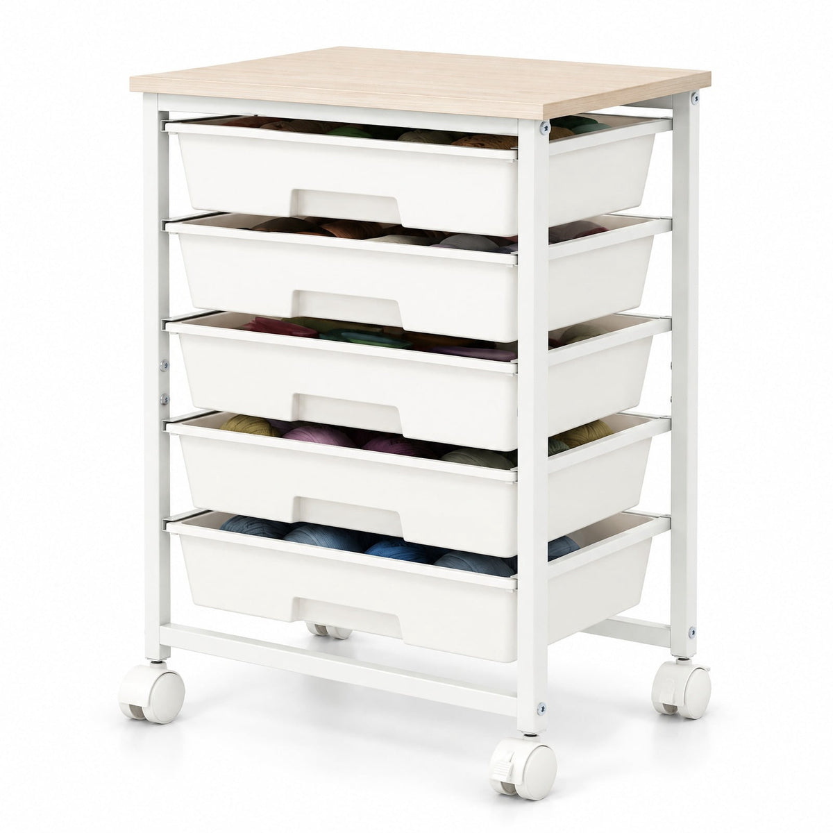 Airfind 5-Drawer Rolling Cart with Wooden Tabletop and Metal for Craft Room, 33 lbs Capacity, Metal PP Engineered Wood, White
