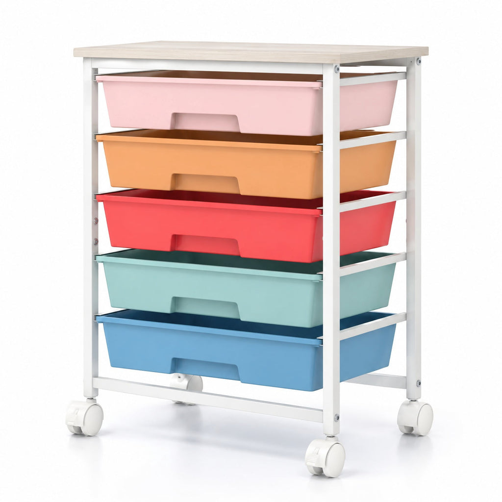 Airfind 5-Drawer Rolling Cart with Wooden Tabletop and Metal for Craft Room, 33 lbs Capacity, Metal PP Engineered Wood for Home, Patio and Everyday