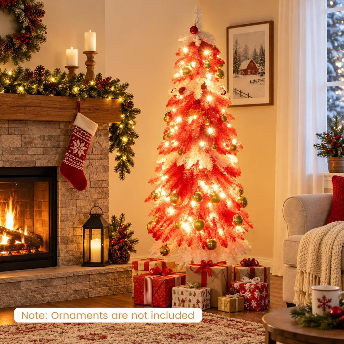 Airfind 5 FT Artificial Christmas Tree Pre-lit Xmas Trees with 301 Red and White Branch Tips, PVC Metal Tree Height 5 ft Tree Width 24in Base Frame
