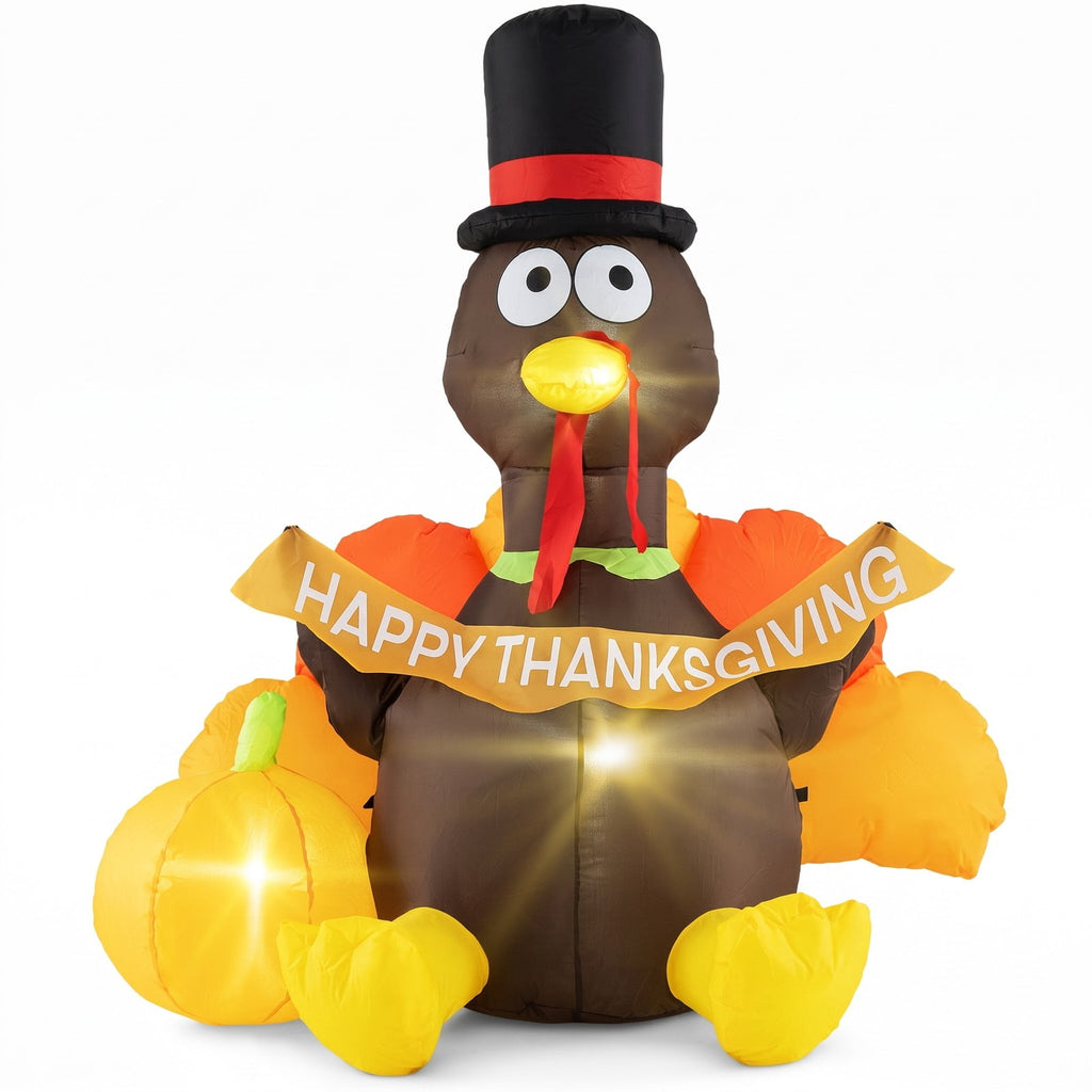 Airfind 5 FT Inflatable Turkey with Pumpkin and LED Lights for Indoor Party, 190T Polyester Fabric, 4.6 x 3.6 x 5 ft Length of