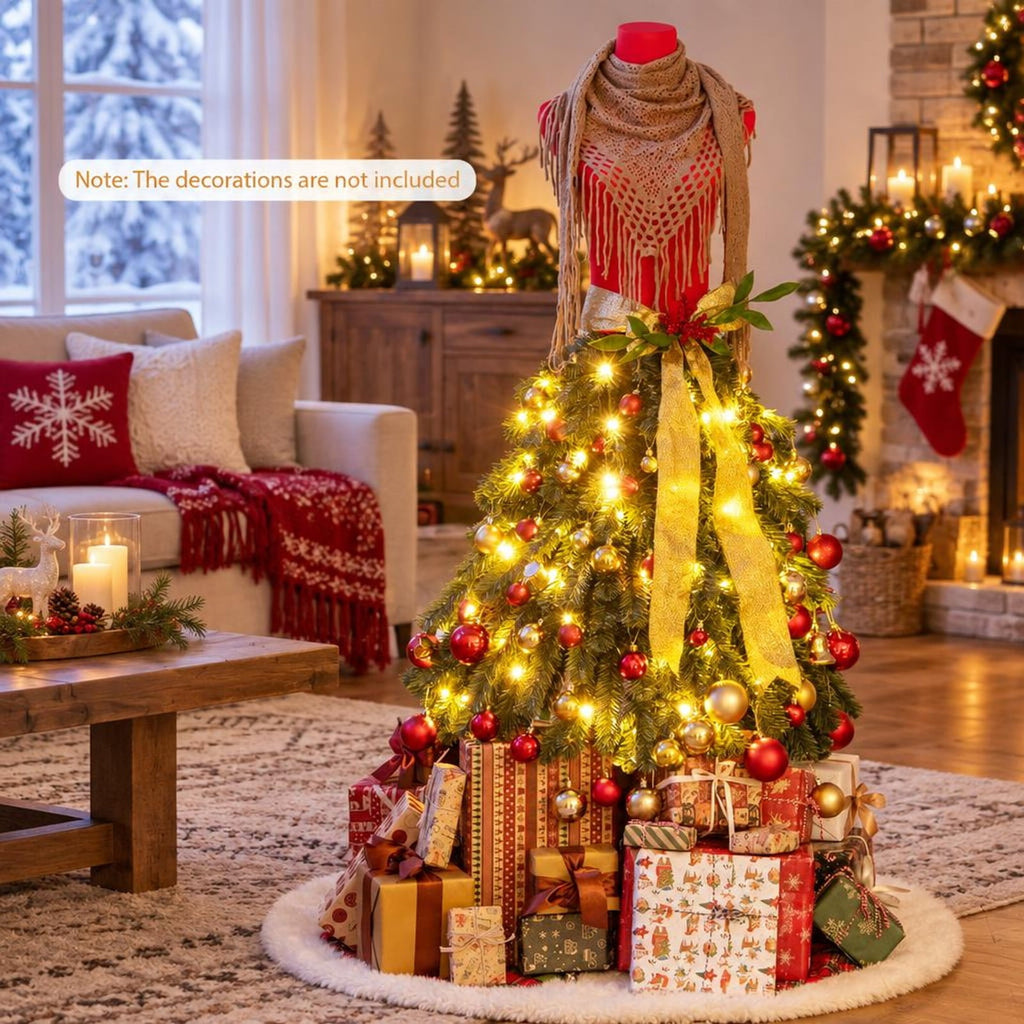 Airfind 5 FT Pre-lit Mannequin Artificial Christmas Tree Dress Form Xmas Tree, PVC Metal Tree Height 5 ft Tree Width 2.7 ft Frame, Green Red