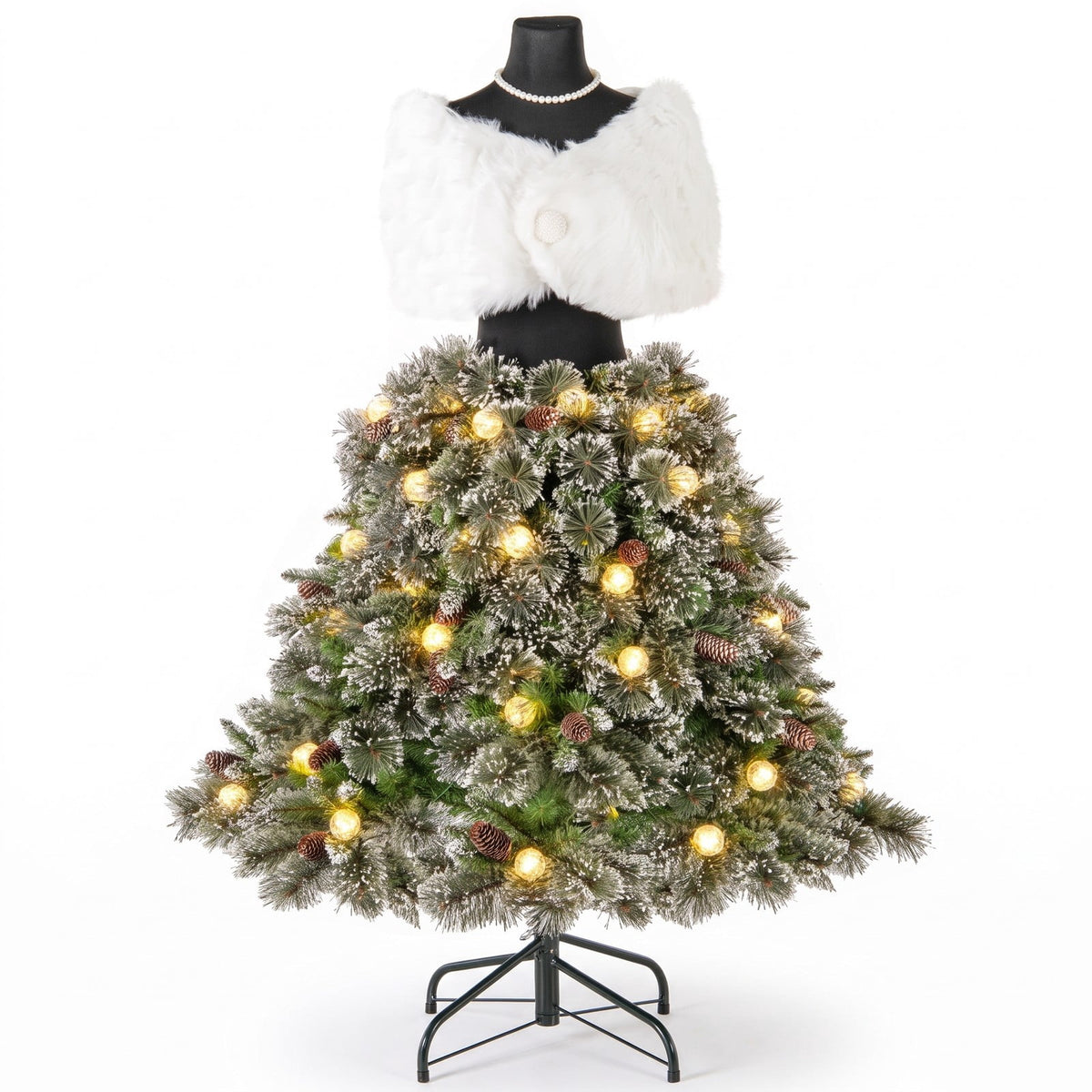 Airfind 5 FT Pre-lit Mannequin Artificial Christmas Tree Hinged Dress Form Xmas Tree with 465 Branch Tips, Green and White