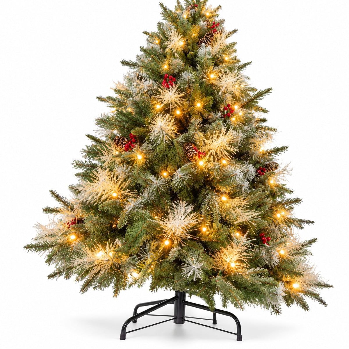 Airfind 5 Feet Pre-Lit Artificial Christmas Tree with 8 Modes LED Lights with Berries, PVC PE PET Metal 5 Feet Frame, 3 x 5 ft Footprint, Green
