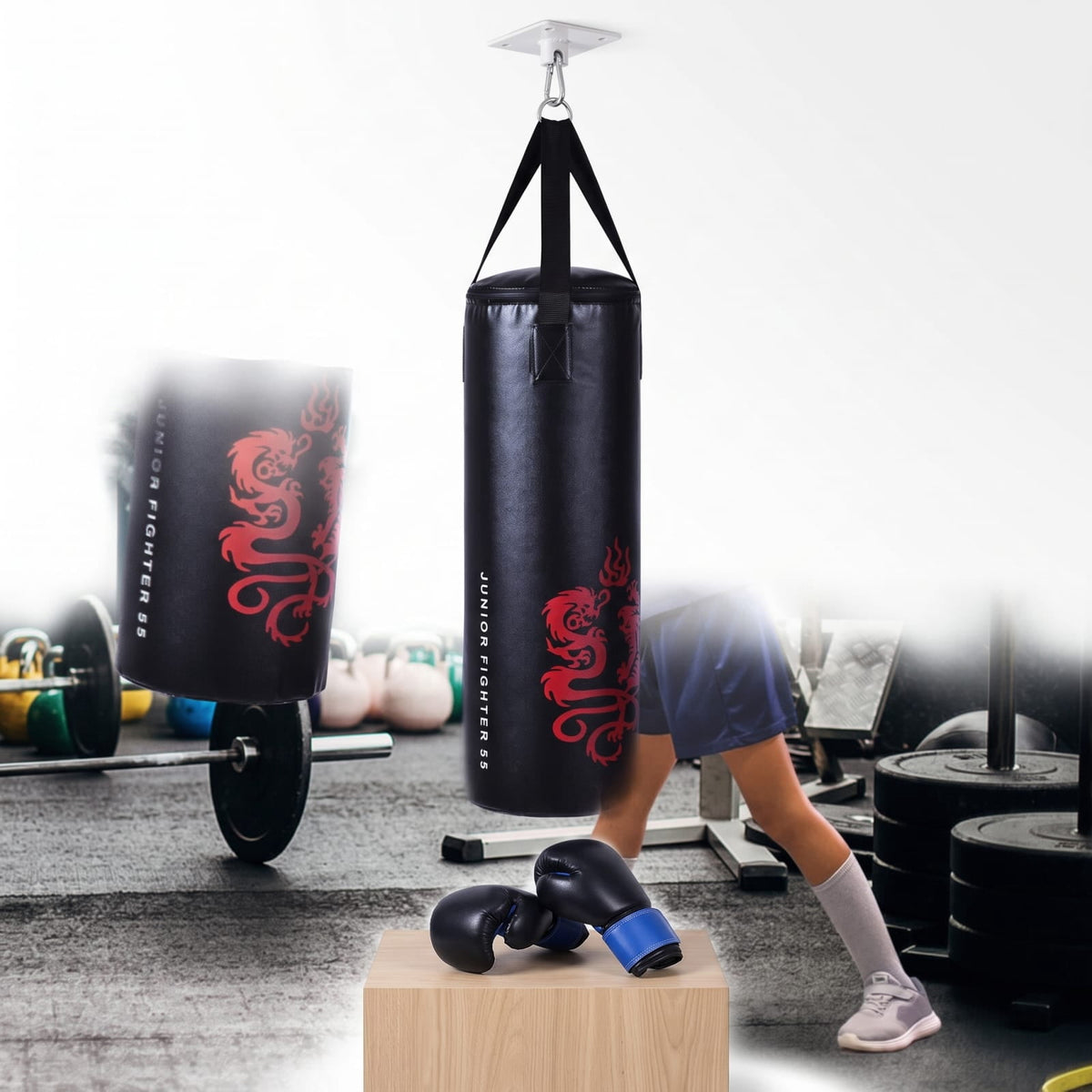 Airfind 5 Piece 40 Pound Filled Hanging Punching Bag Boxing Set with Gloves Jump Rope and Rucksack for Home Training, Black