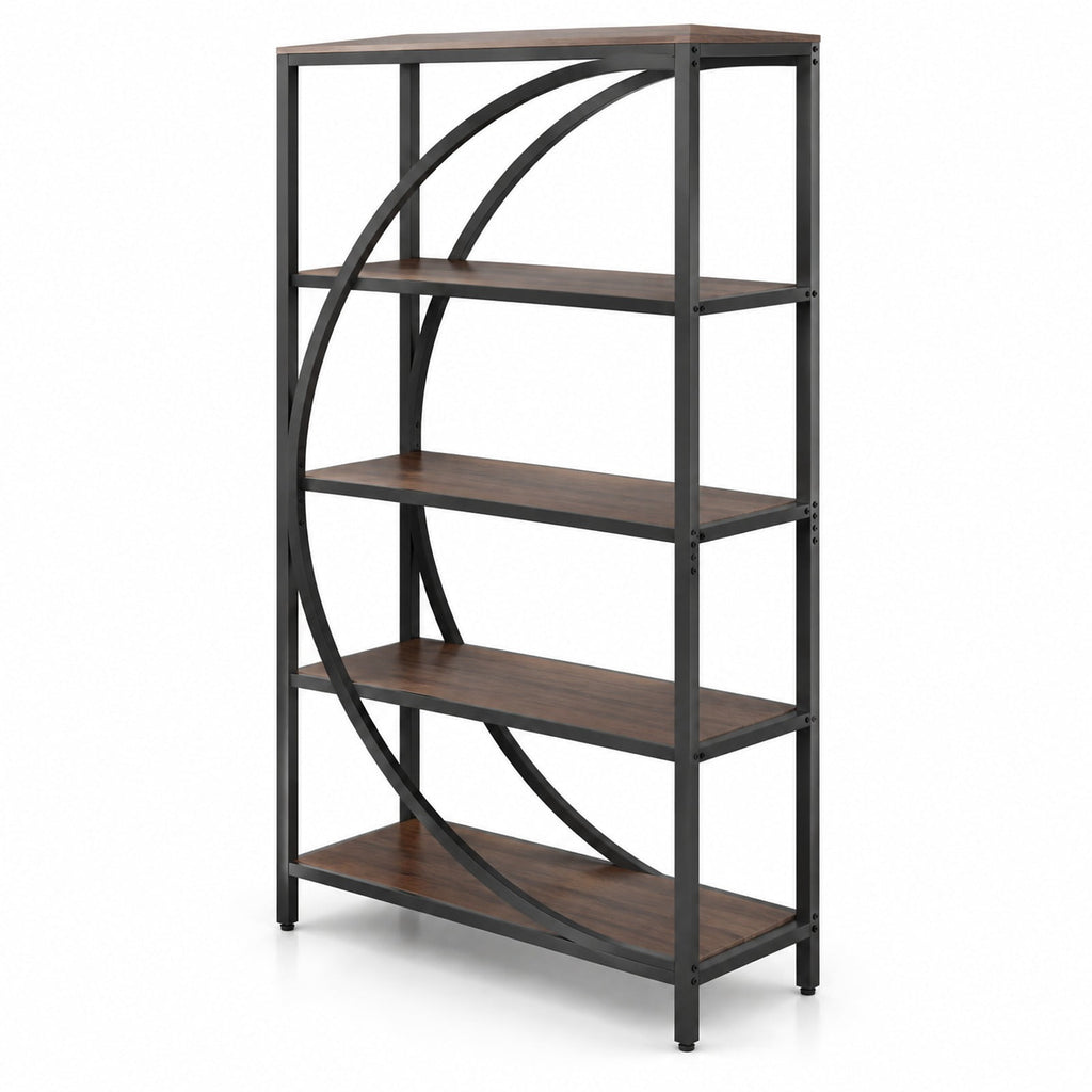 Airfind 5-Tier Bookshelf with Half-Moon Shape for Living Room and Home Office, 88 lbs Capacity, Engineered Wood Metal Frame, Brown