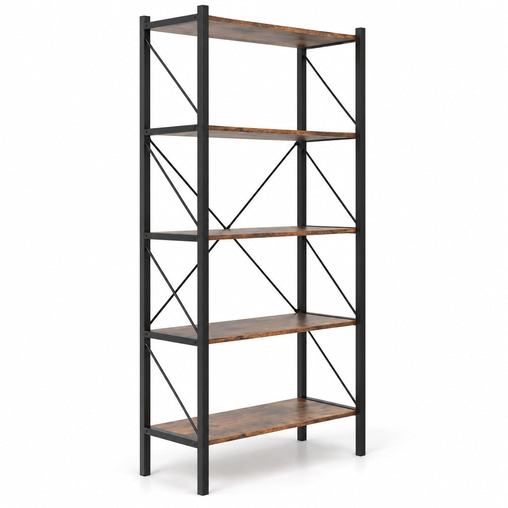 Airfind 5-Tier Bookshelf with Open Shelves and Heavy Duty Metal Frame, 220 lbs Capacity, Metal Engineered Wood Frame, Brown