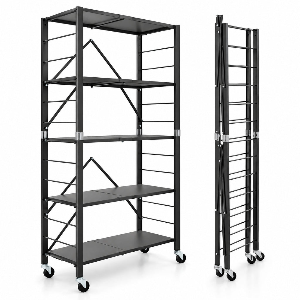 Airfind 5-Tier Foldable Storage Shelf with Wheels, 165 lbs Capacity, Metal Frame, 30 Inch x 13.5 Inch x 60.5 Inch Footprint, Black