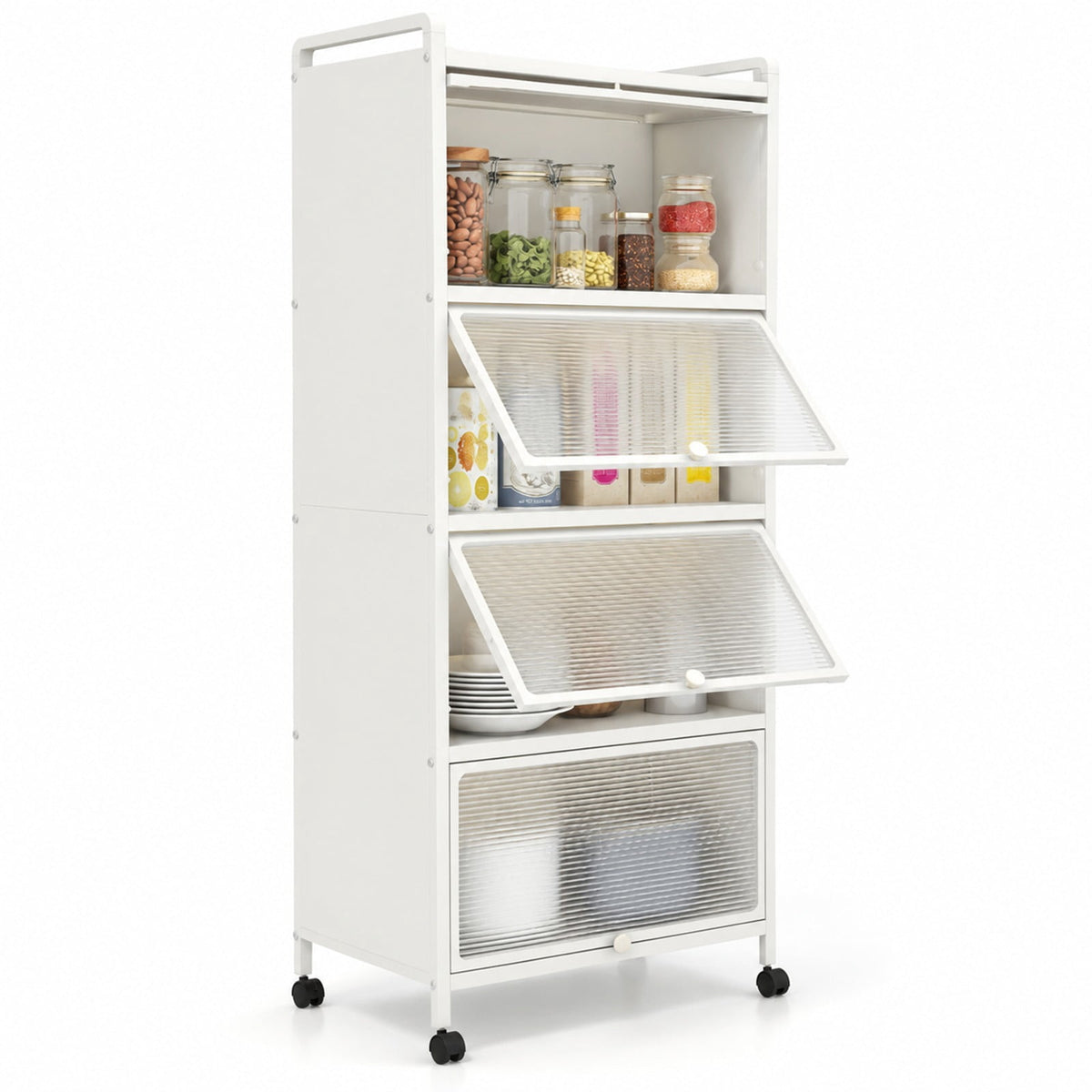 Airfind 5-Tier Kitchen Bakers Rack with Flip-up PC Doors, tier 33 lbs Capacity, Metal PC PP Gray Frame, 23.5 x 12.5 x 60.5 Footprint, White
