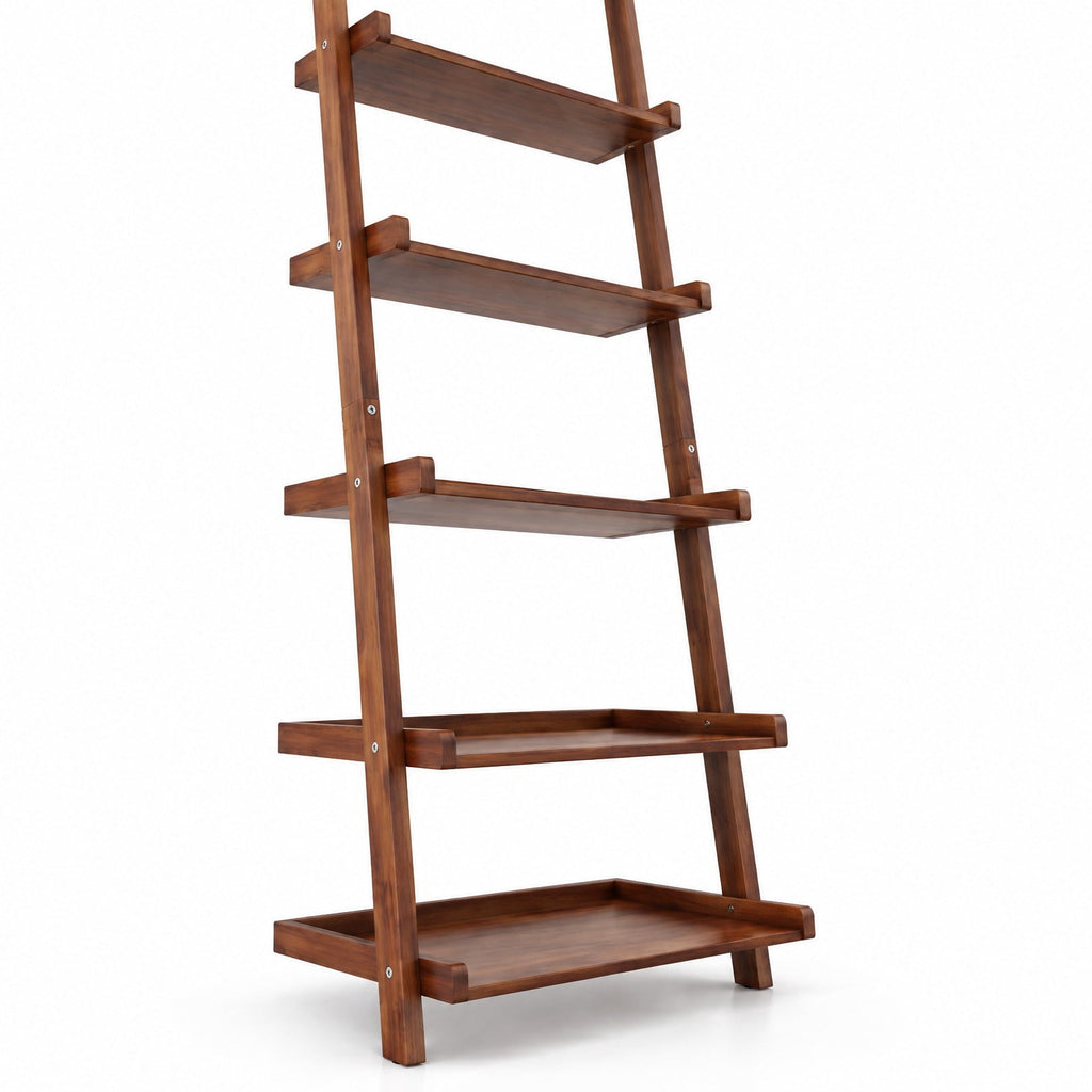 Airfind 5-Tier Ladder Shelf Bamboo Bookshelf Wall-Leaning Storage Display Plant Stand, Bamboo Frame, Walnut