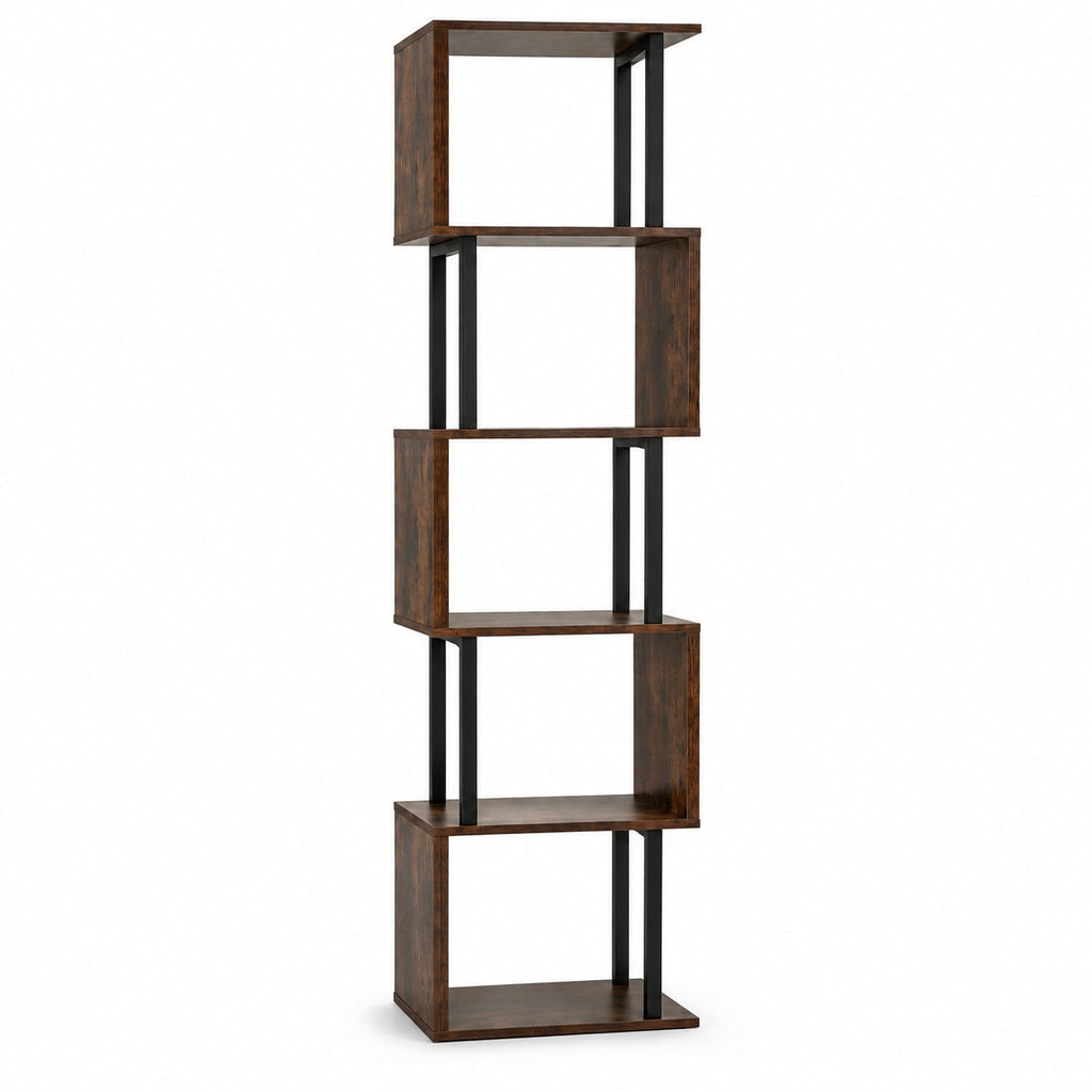 Airfind 5-Tier S-Shaped Bookshelf w/ Open Cubes Anti-toppling Kits for Living Room, 22 lbs Capacity, Engineered Wood Frame, Brown