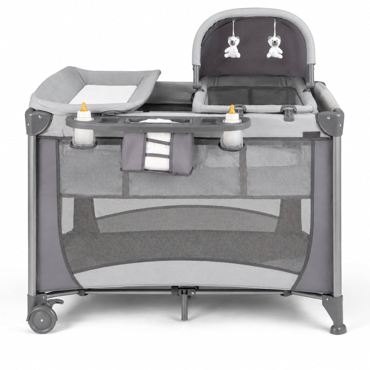 Airfind 5-in-1 Portable Child Playard with Cradle and Storage Basket, 33 Lbs Capacity, Polyester Fabric Sponge Iron PP Basic Child Playard, Gray