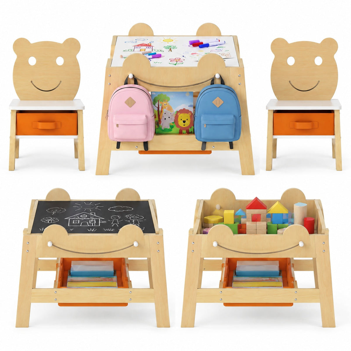 Airfind 5-in-1 Toddler Table and 2 Chairs Cute Art Desk Set with Reversible Chalkboard Whiteboard, 110 lbs Capacity, MDF Non-woven Fabric Frame