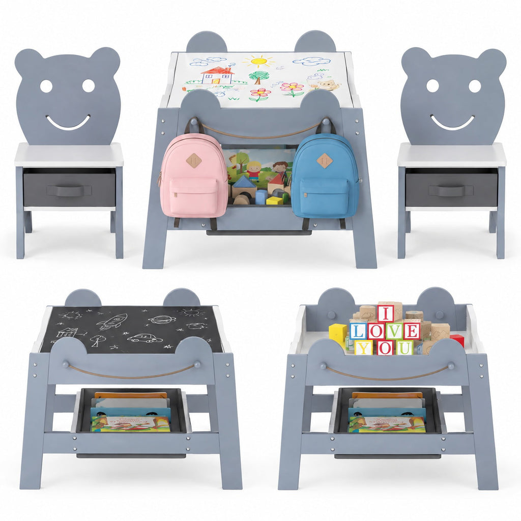 Airfind 5-in-1 Toddler Table and 2 Chairs Cute Art Desk Set with Reversible Chalkboard Whiteboard, 110 lbs Capacity, MDF Non-woven Fabric Frame