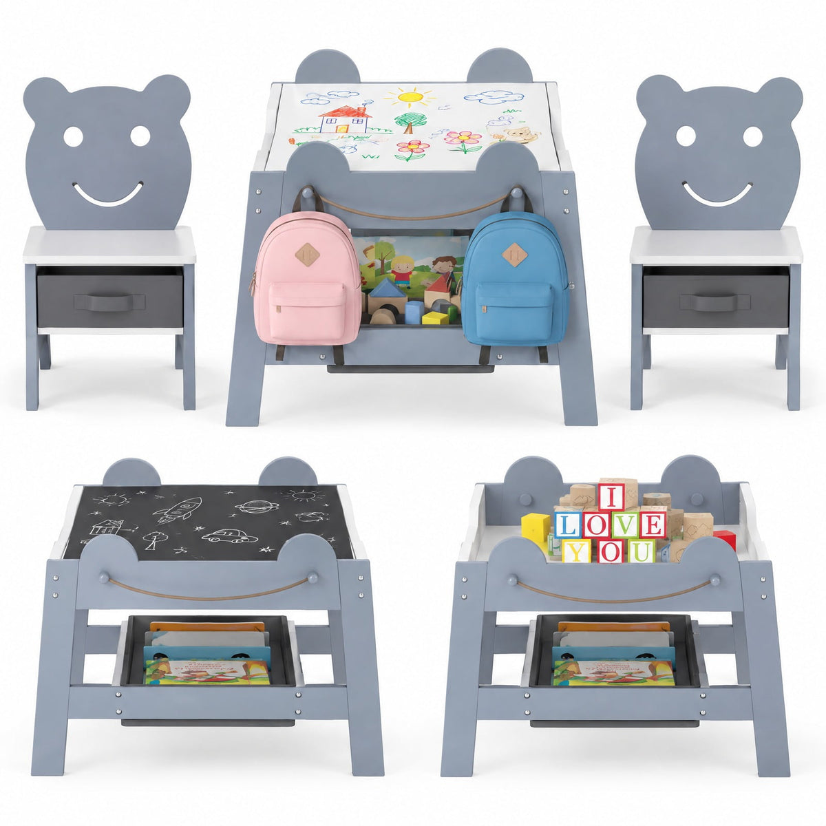 Airfind 5-in-1 Toddler Table and 2 Chairs Cute Art Desk Set with Reversible Chalkboard Whiteboard, 110 lbs Capacity, MDF Non-woven Fabric Frame