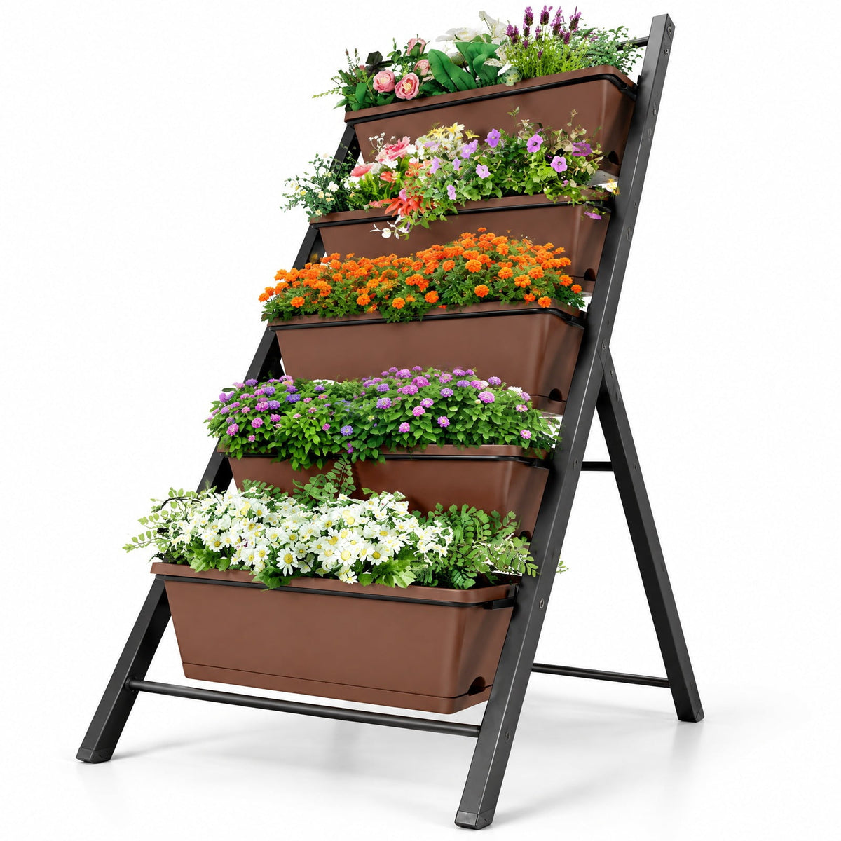 Airfind 5-tier Vertical Garden Planter Box Elevated Raised Bed with 5 Container, PP Iron Frame, 22.5 x 29 x 48.5 Footprint, Brown