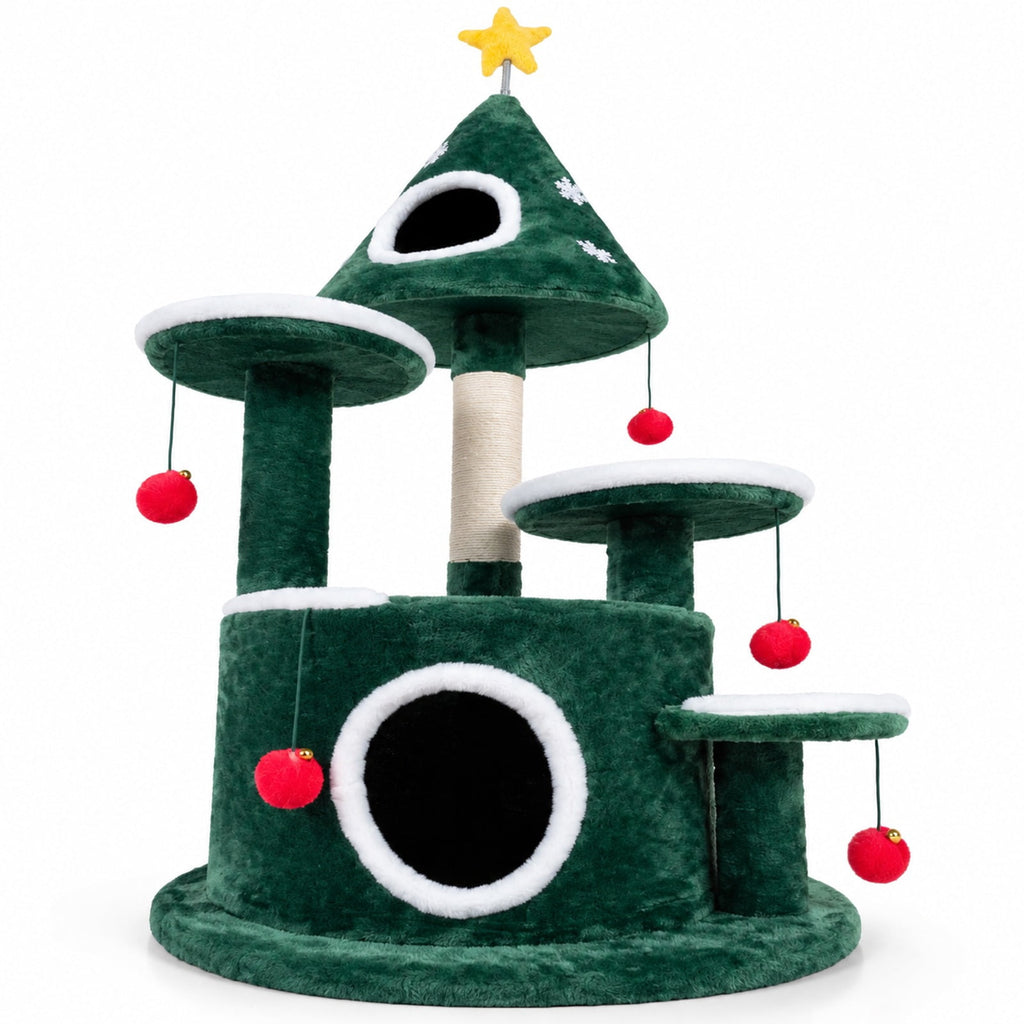 Airfind 50in Christmas Cat Tree with 2 Condos and Sisal Scratching Post, Green, Star-shaped spring toy for extra entertainment