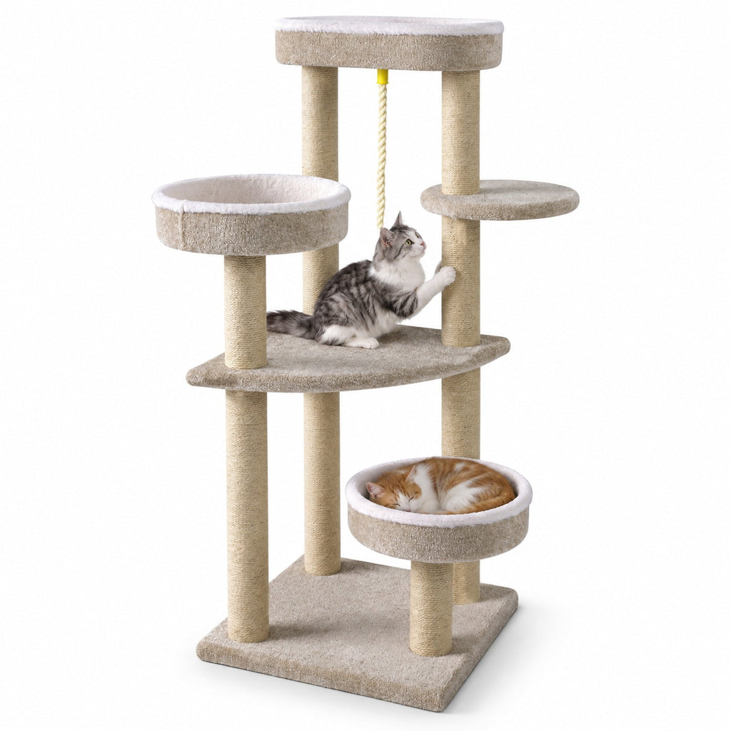 Airfind 51inCarpeted Cat Tree with Comfy Plush Perches for Indoor Cats, 33 lbs Capacity, Beige, Size 19.5in x 19.5in Top Perch