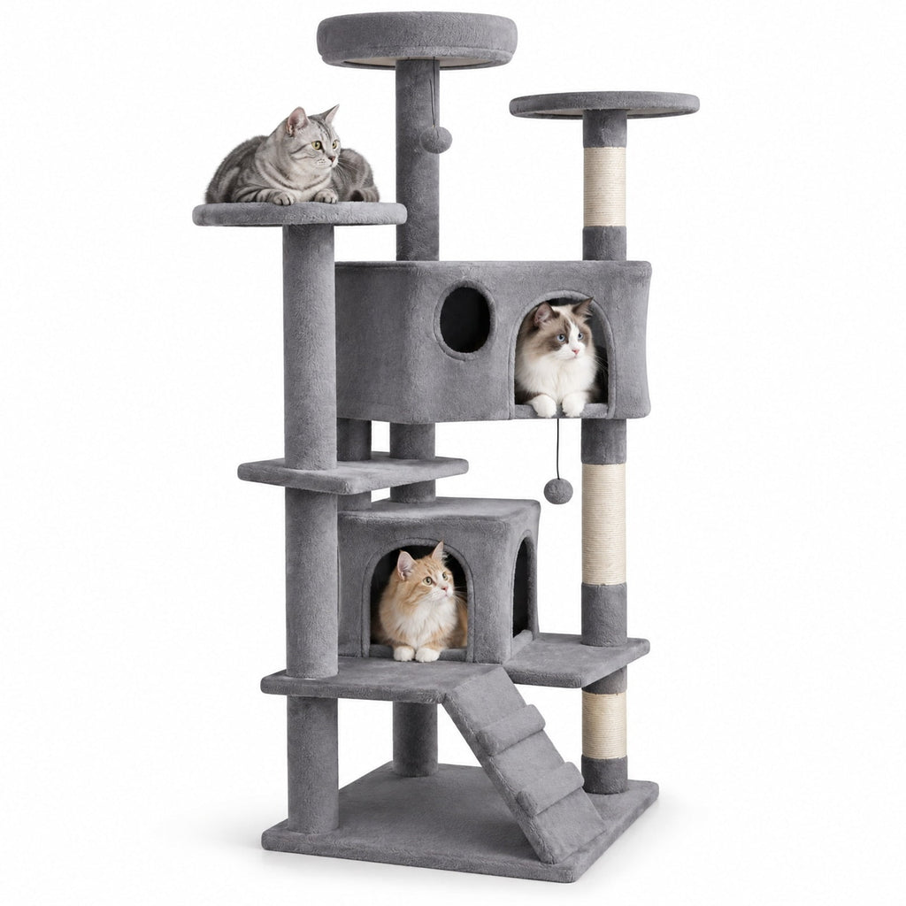 Airfind 52 Inch Tall Cat Tree Tower for Indoor Cats, 22 lbs Capacity, Engineered Wood Sponge Plush Fabric Sisal Frame, Light Gray