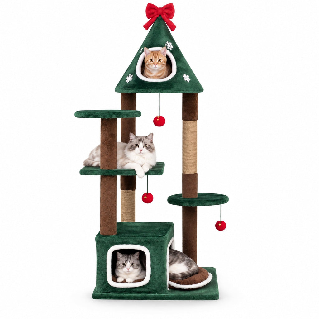 Airfind 54Christmas Cat Tree with 2 Condos and Removable Cushion, 22 lbs Capacity, Engineered Wood Frame, 30 x 24.5 x 54 Footprint, Green