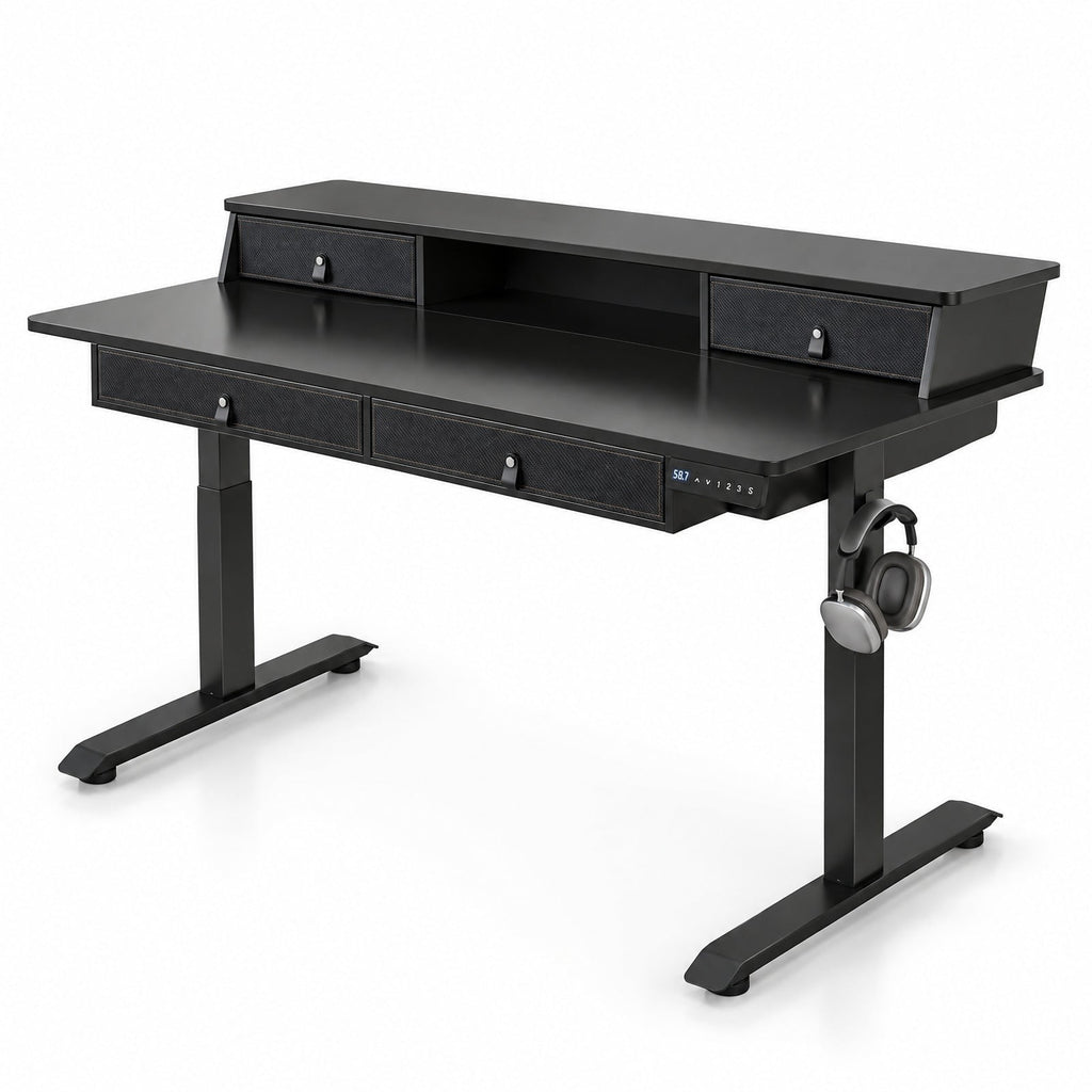 Airfind 55 Inch x 27 Inch Electric Standing Desk with Drawers, Engineered Wood Metal Fabric Frame, 55 Inch x 27 Inch x 33.5 Inch -51 Inch Footprint, Black
