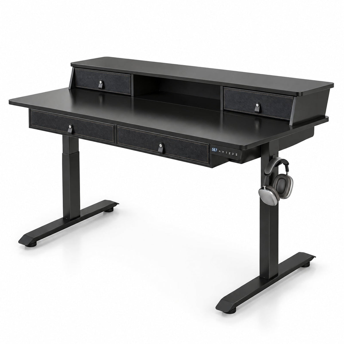 Airfind 55 Inch x 27 Inch Electric Standing Desk with Drawers, Engineered Wood Metal Fabric Frame, 55 Inch x 27 Inch x 33.5 Inch -51 Inch Footprint, Black