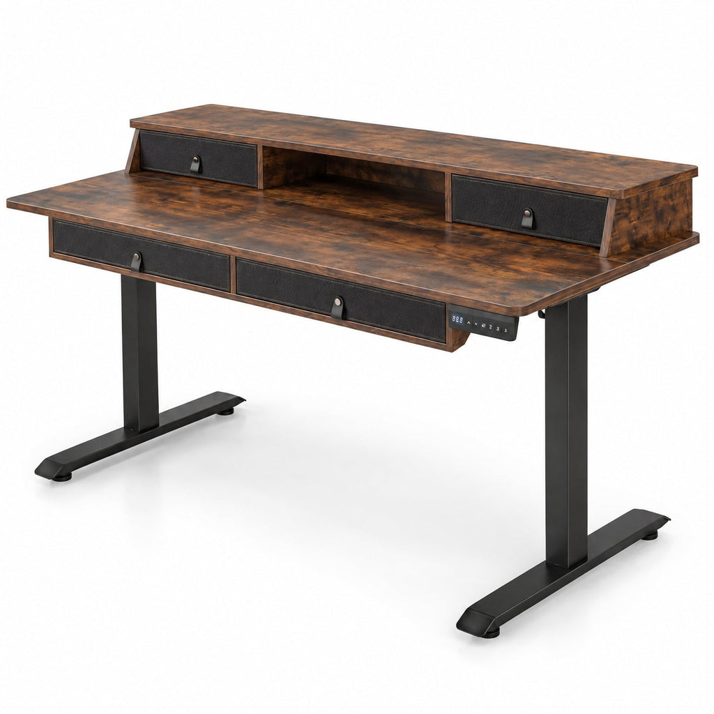 Airfind 55 Inch x 27 Inch Electric Standing Desk with Drawers, Engineered Wood Metal Fabric Frame, 55 Inch x 27 Inch x 33.5 Inch -51 Inch Footprint, Brown