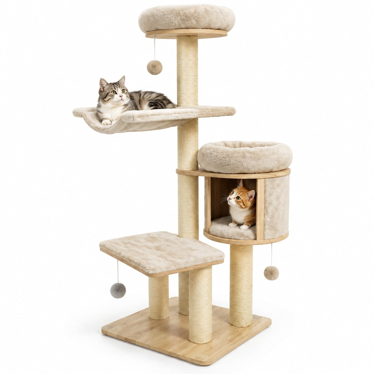 Airfind 55in Solid Rubber Wood Cat Tree with Condo and Hammock and Scratching Posts for Adult Cats, Beige
