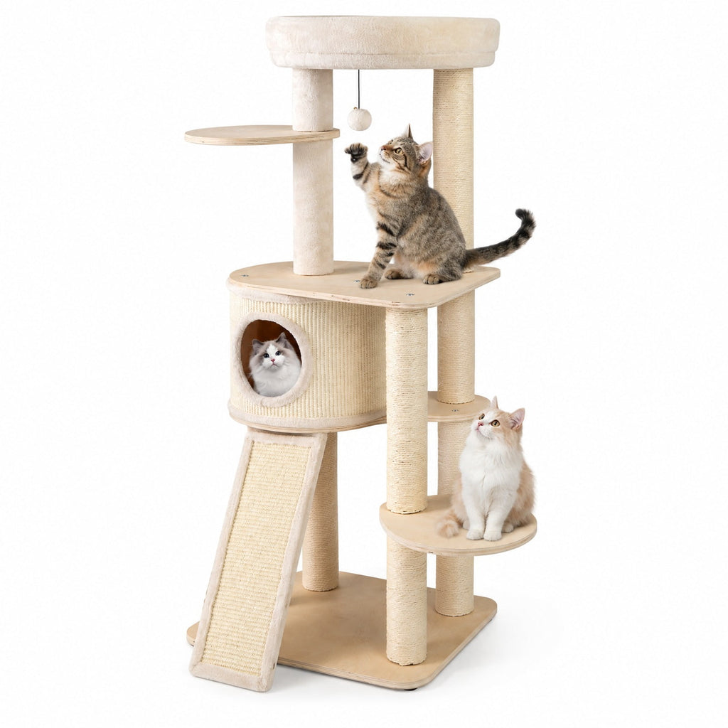 Airfind 56 Inch Tall Cat Tree with 2 Sisal Scratching Posts and Ladder, 33 lbs Capacity, 23 Inch x 19 Inch x 56 Inch Condo Footprint, Natural