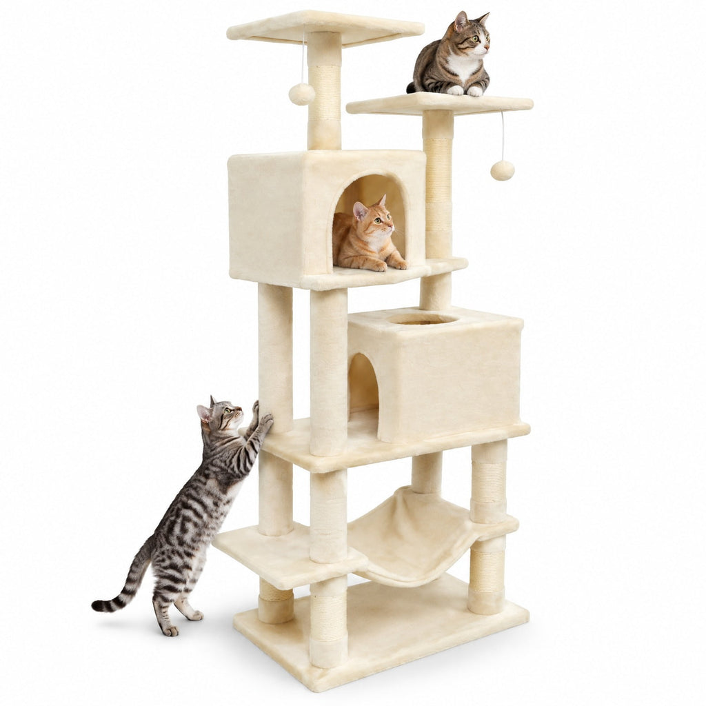 Airfind 57 Inch Cat Tree with Dual Condos and Hammock and 2 Dangling Balls, 29 x 16 Footprint, Beige