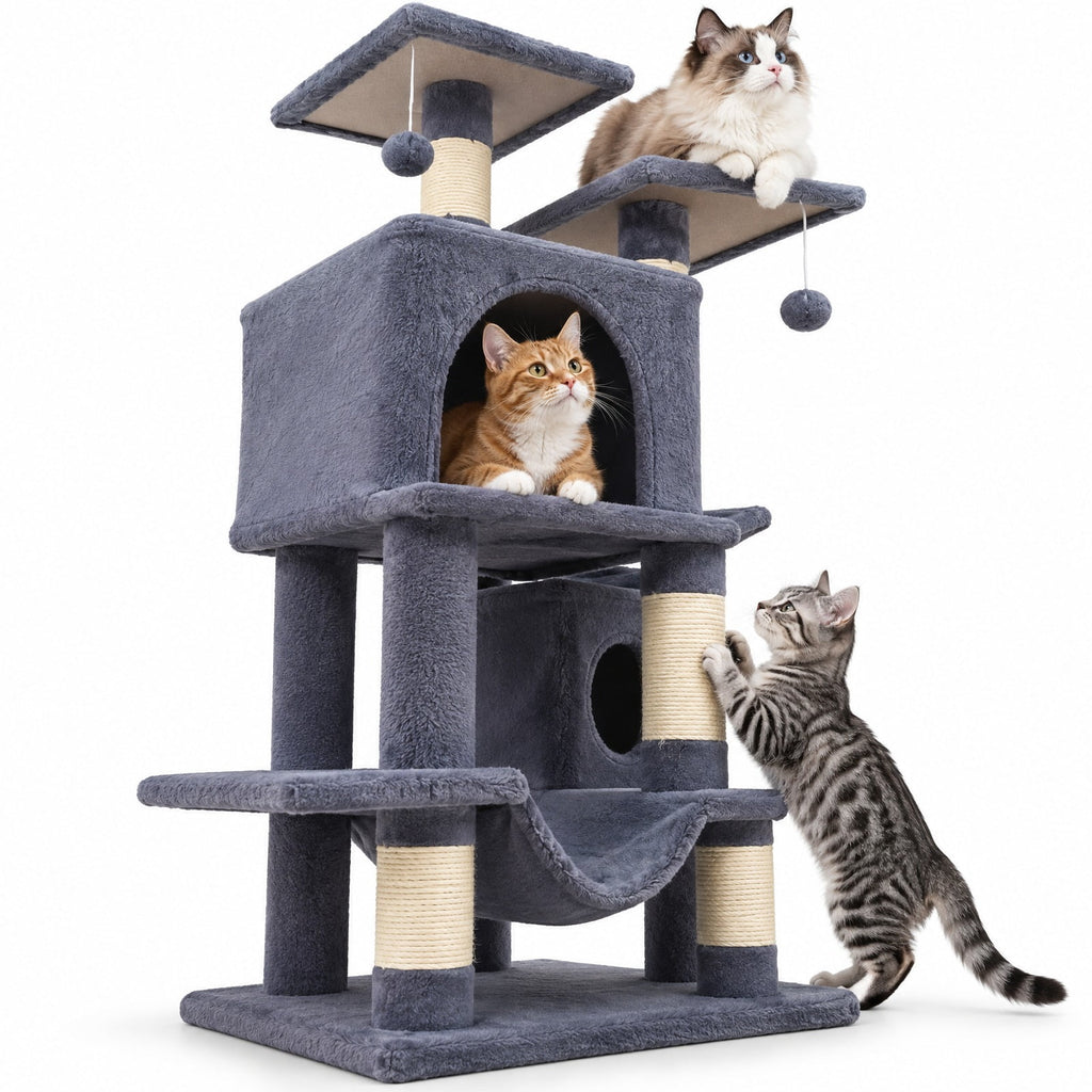 Airfind 57 Inch Cat Tree with Dual Condos and Hammock and 2 Dangling Balls, 29 x 16 Footprint, Gray