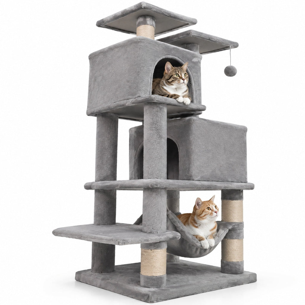 Airfind 57 Inch Cat Tree with Dual Condos and Hammock and 2 Dangling Balls, 29 x 16 Footprint, Light Gray
