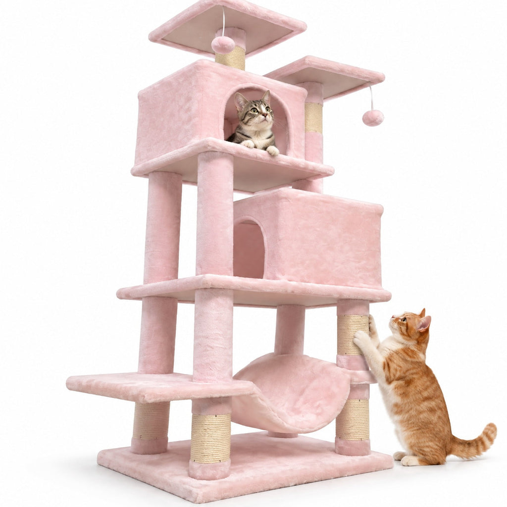 Airfind 57 Inch Cat Tree with Dual Condos and Hammock and 2 Dangling Balls, 29 x 16 Footprint, Pink