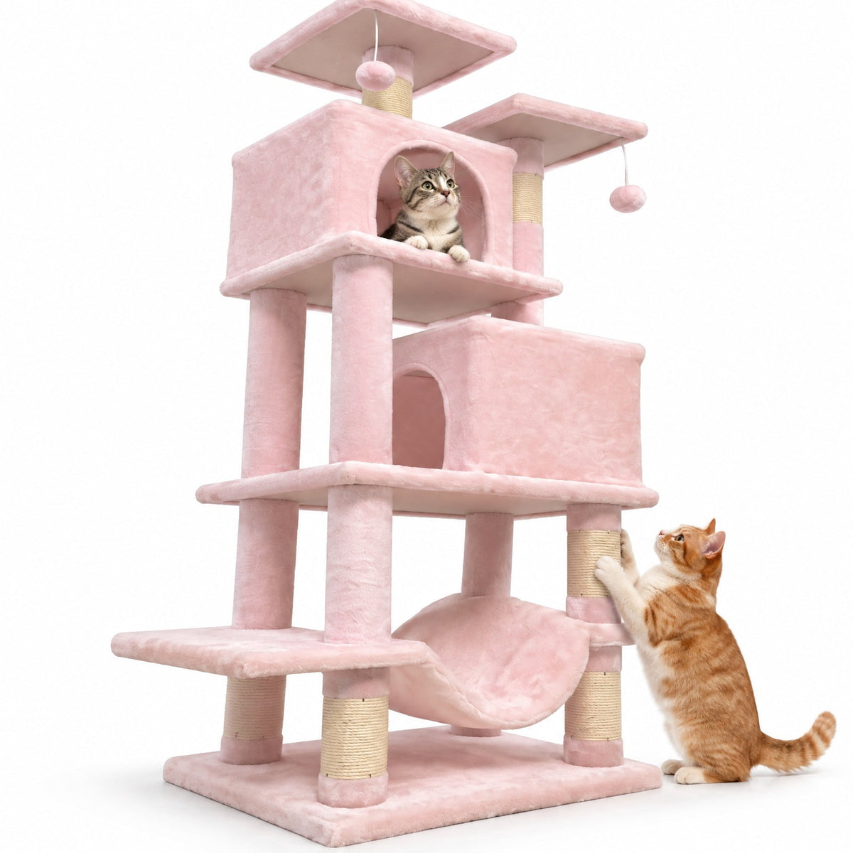 Airfind 57 Inch Cat Tree with Dual Condos and Hammock and 2 Dangling Balls, 29 x 16 Footprint, Pink