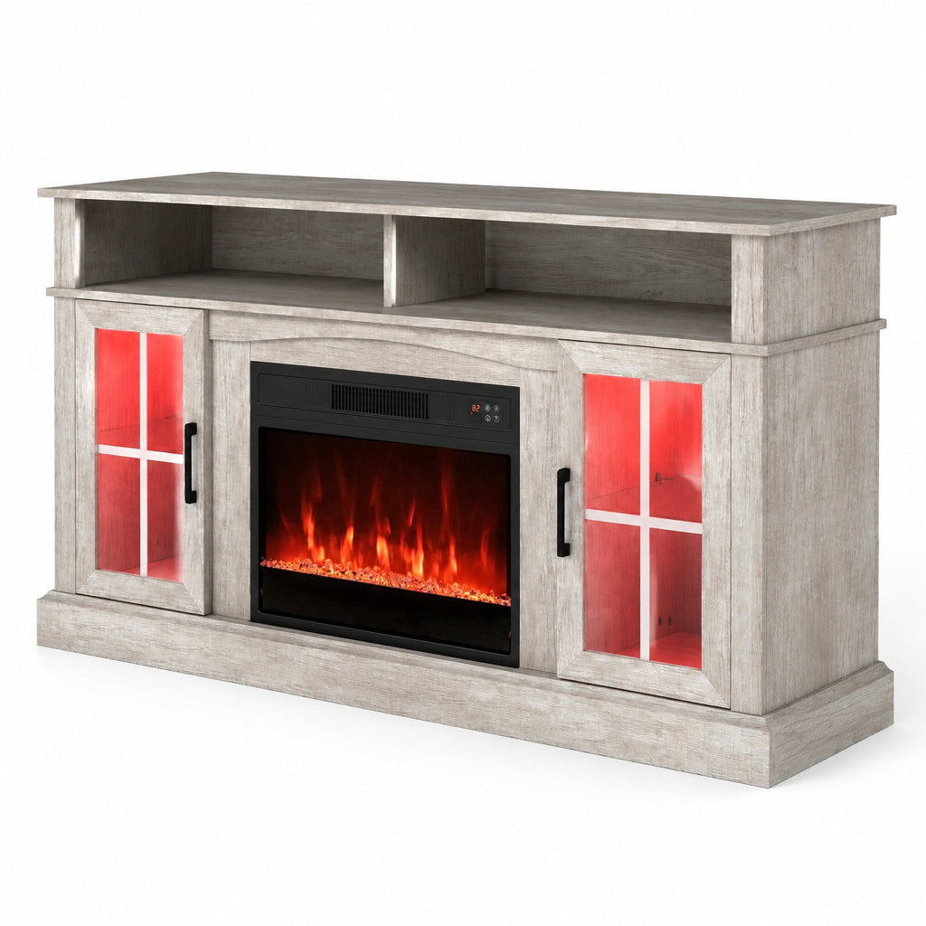 Airfind 58 Inch Fireplace TV Stand with LED Lights with Storage Cabinets and Glass Doors, 70 lbs Capacity, MDF Metal Tempered Glass Frame, Gray