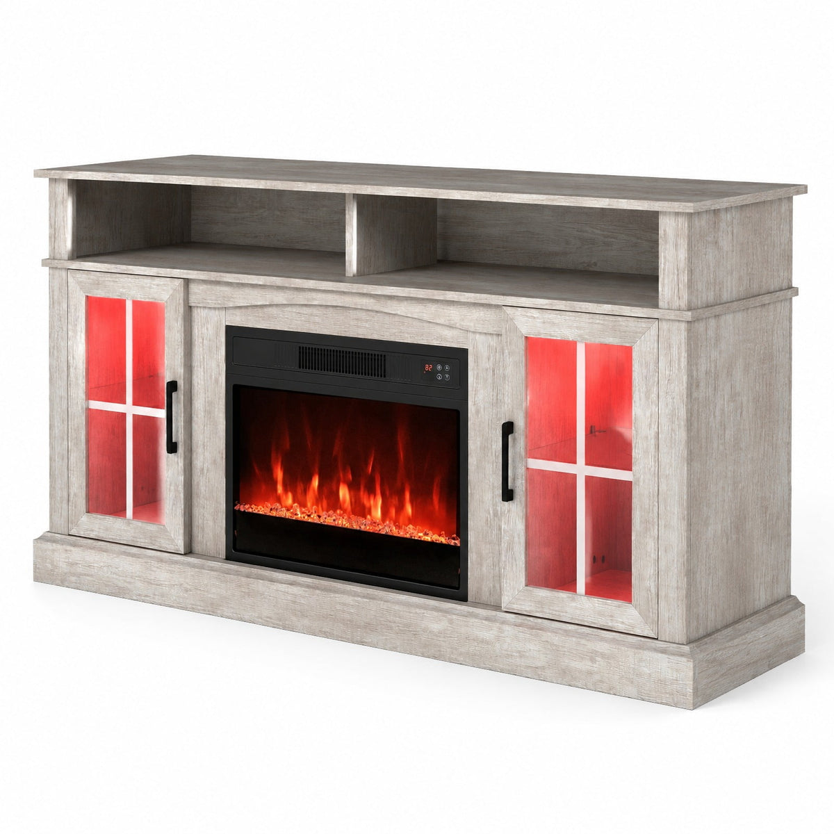 Airfind 58 Inch Fireplace TV Stand with LED Lights with Storage Cabinets and Glass Doors, 70 lbs Capacity, MDF Metal Tempered Glass Frame, Gray