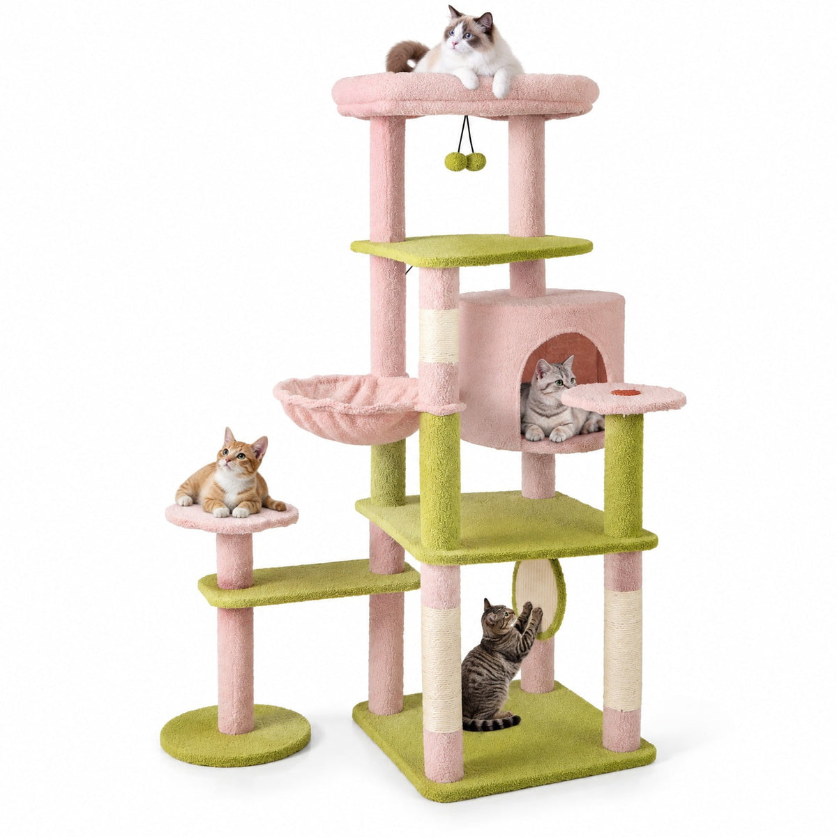 Airfind 58 Inch Tall Multi-Level Cat Tree Aesthetic Floral Kitten Tower, Teddy Plush Fabric Sisal Engineered Board Frame, Pink