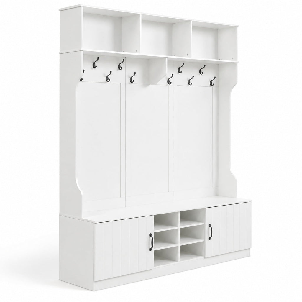 Airfind 59in Wide 6-in-1 Hall Tree with Bench and Storage, 155 lbs Capacity, Engineered Wood MDF Frame, 59in × 16in × 80in Footprint, White