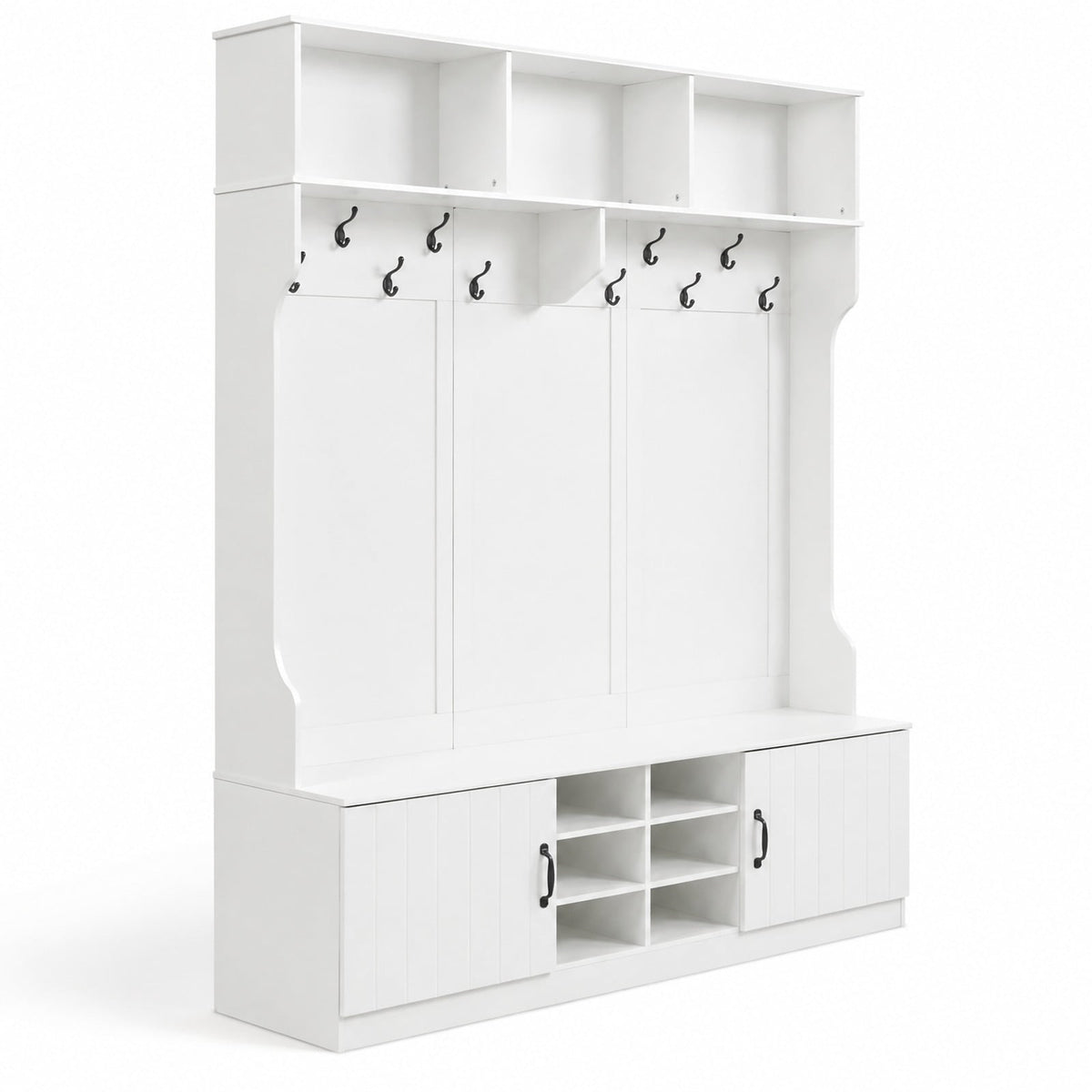 Airfind 59in Wide 6-in-1 Hall Tree with Bench and Storage, 155 lbs Capacity, Engineered Wood MDF Frame, 59in × 16in × 80in Footprint, White