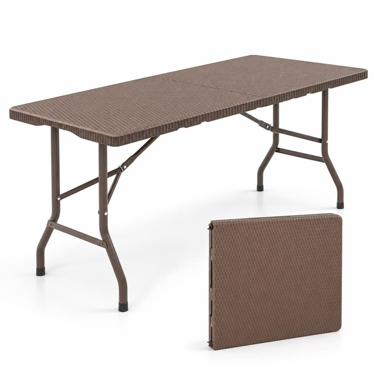 Airfind 5FT Folding Picnic Table with Rattan Grain HDPE Tabletop and Sturdy Metal Fame, 400 lbs Capacity, HDPE Metal Frame, Coffee
