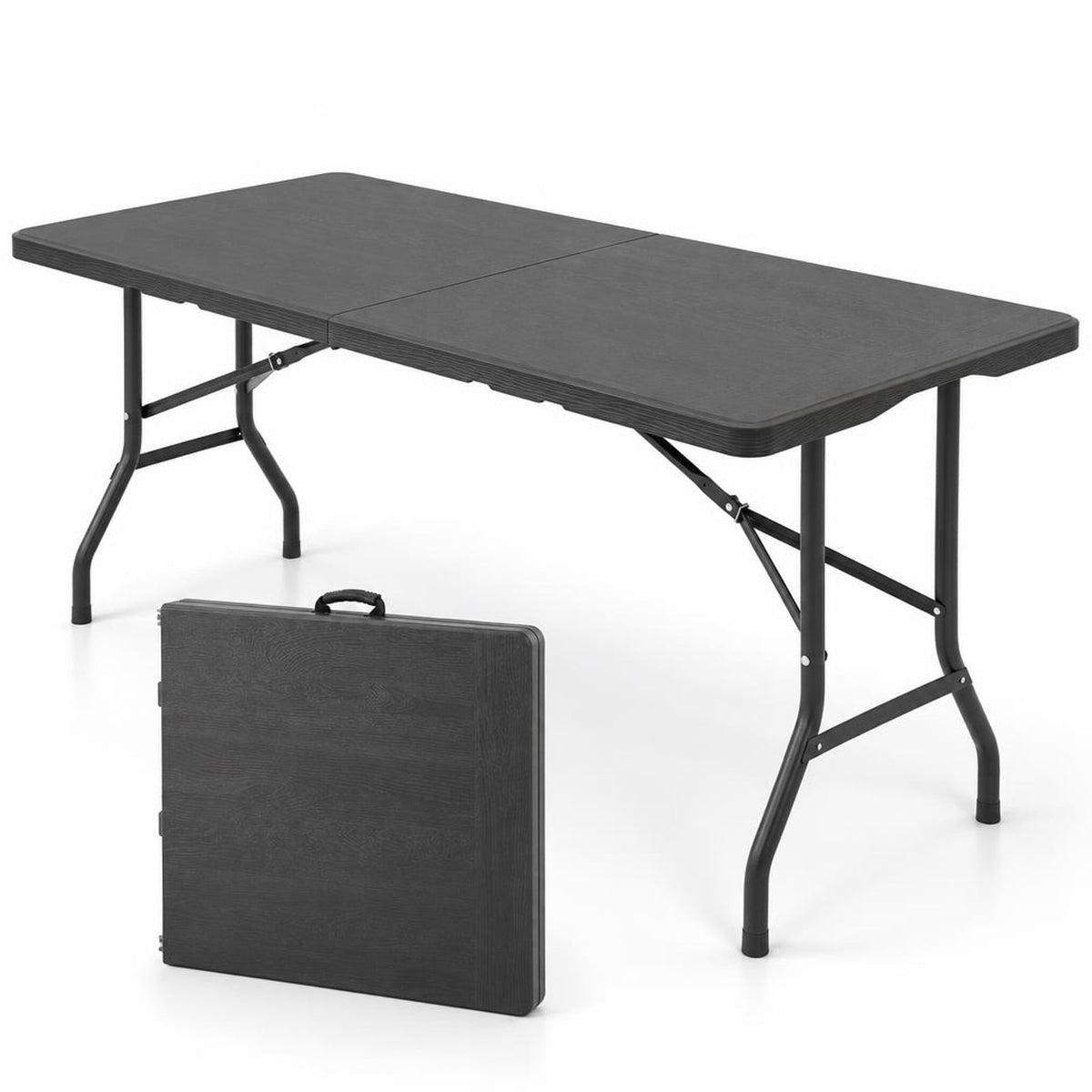 Airfind 5FT Folding Picnic Table with Wood Grain HDPE Tabletop and Non-slip Foot Pads, 400 lbs Capacity, HDPE Metal Frame, Black