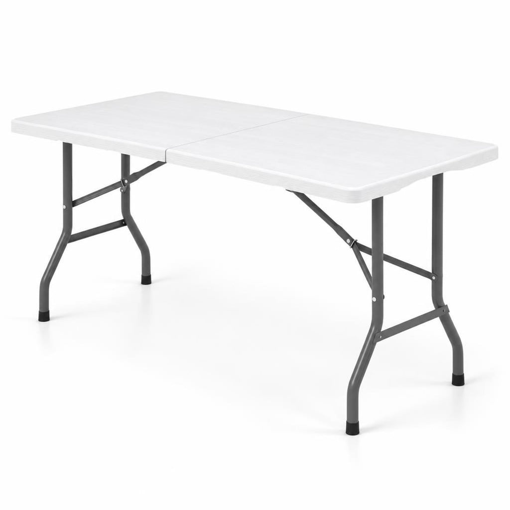 Airfind 5FT Folding Picnic Table with Wood Grain HDPE Tabletop and Non-slip Foot Pads, 400 lbs Capacity, HDPE Metal Frame, White