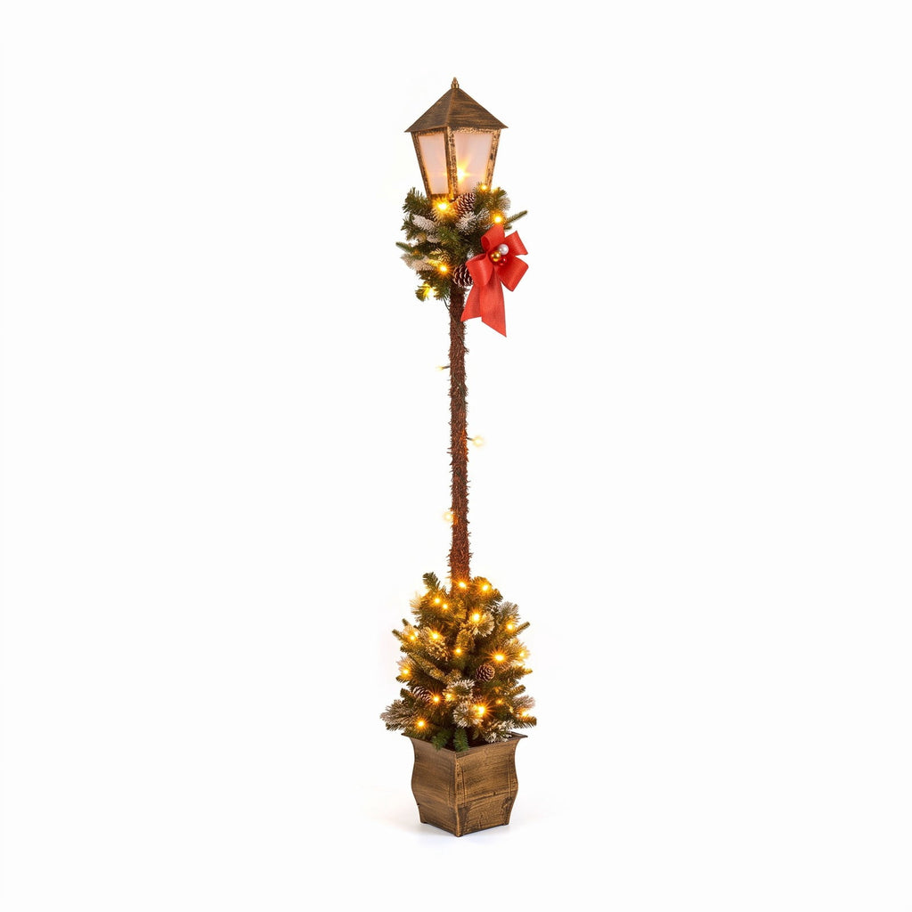 Airfind 6.1 Feet Christmas Pre-lit Street Lamp with Artificial Greenery and Snow-flocked Branch Tips, Metal Plastic Frame, 9in x 9in x 6.1ft Footprint