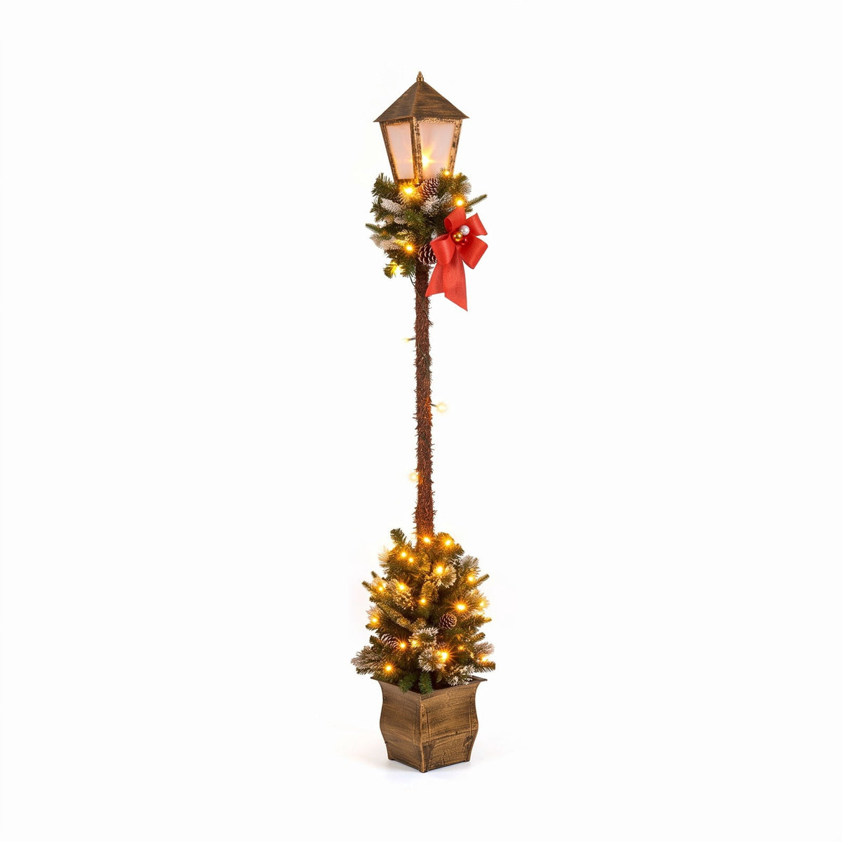Airfind 6.1 Feet Christmas Pre-lit Street Lamp with Artificial Greenery and Snow-flocked Branch Tips, Metal Plastic Frame, 9in x 9in x 6.1ft Footprint