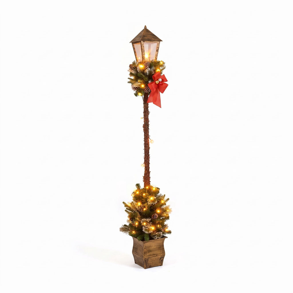 Airfind 6.1 Feet Christmas Pre-lit Street Lamp with Artificial Greenery and Snow-flocked Branch Tips, Metal Plastic Frame, 9in x 9in x 6.1ft Footprint