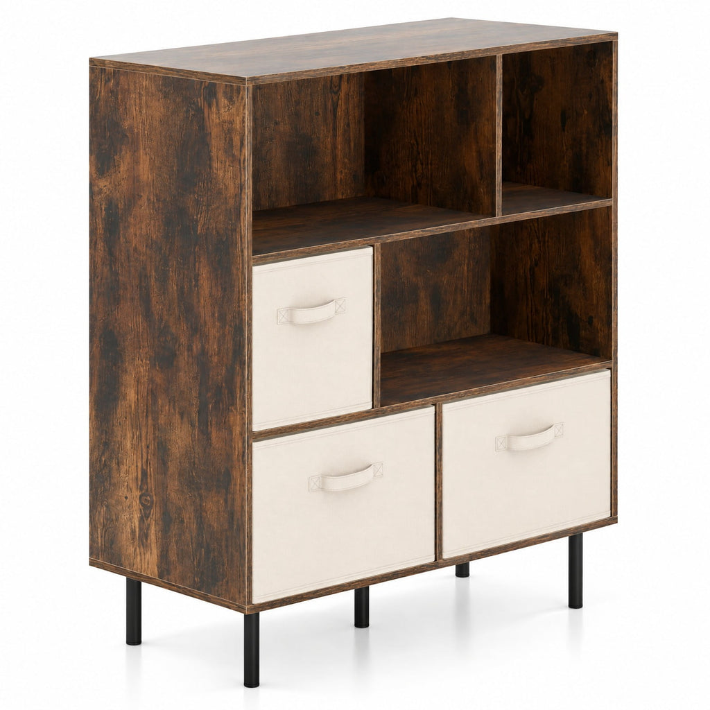 Airfind 6-Cube Bookshelf with 3 Removable Folding Fabric Drawers for Living Room, 330 lbs Capacity, Metal Engineered Wood Frame, Brown