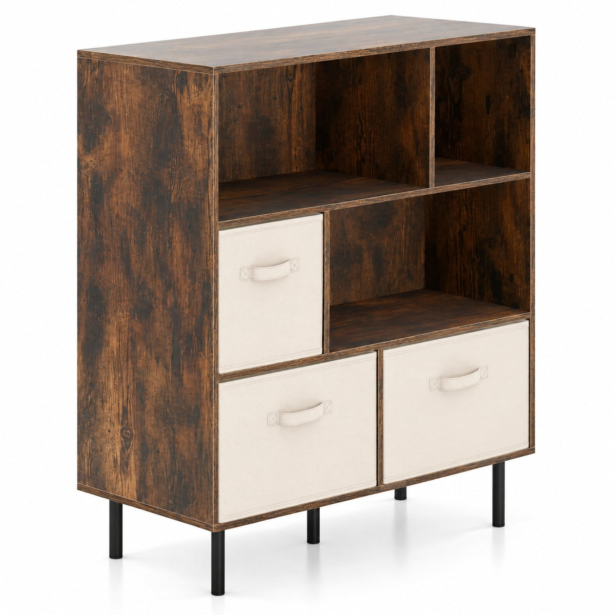 Airfind 6-Cube Bookshelf with 3 Removable Folding Fabric Drawers for Living Room, 330 lbs Capacity, Metal Engineered Wood Frame, Brown