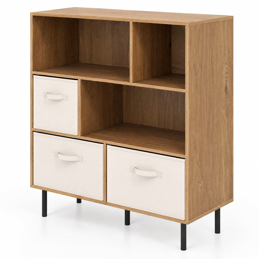 Airfind 6-Cube Bookshelf with 3 Removable Folding Fabric Drawers for Living Room, 330 lbs Capacity, Metal Engineered Wood Frame, Natural