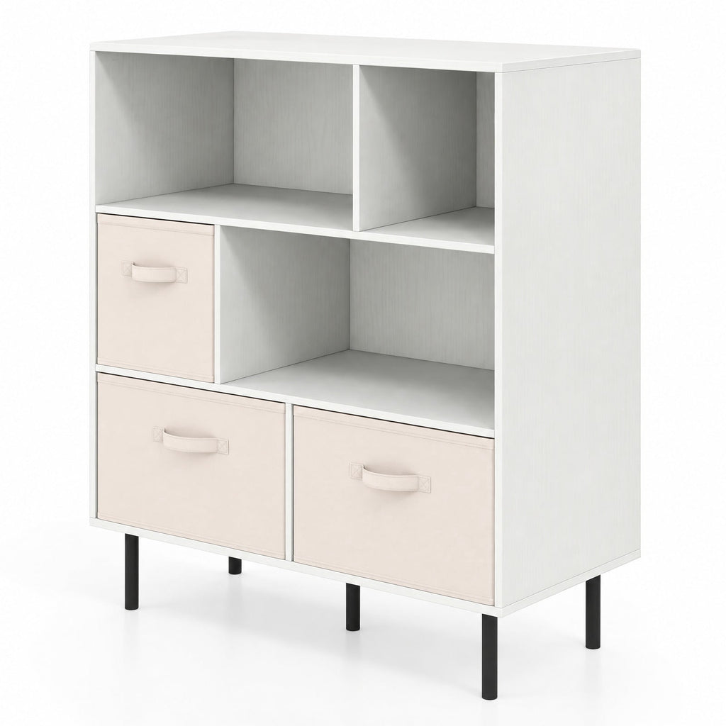 Airfind 6-Cube Bookshelf with 3 Removable Folding Fabric Drawers for Living Room, 330 lbs Capacity, Metal Engineered Wood Frame, White