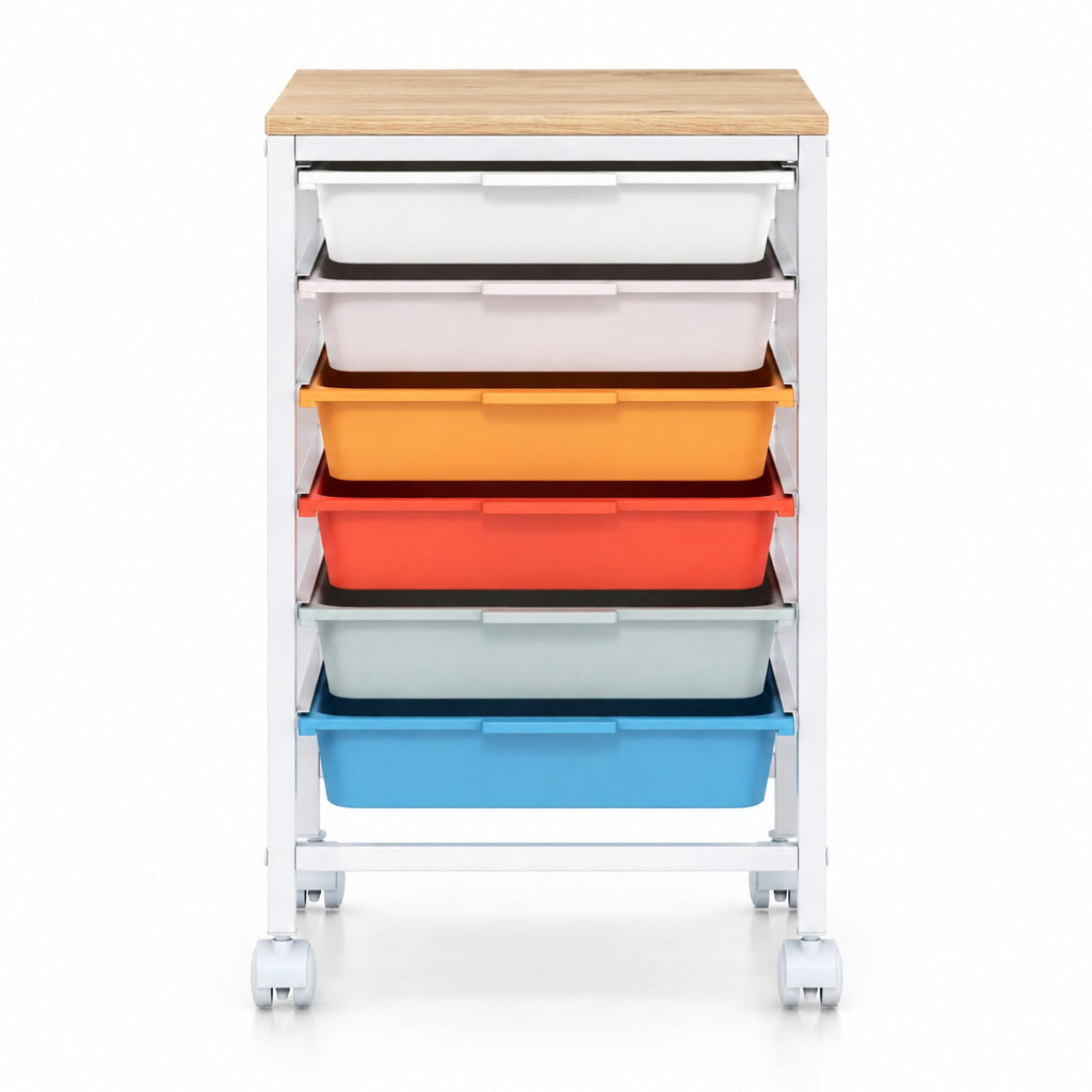 Airfind 6-Drawer Rolling Storage Cart with Wooden Tabletop, 35 lbs Capacity, MDF PP Metal, 14.5 Inch x 13 Inch x 22.5 Inch , Natural + White